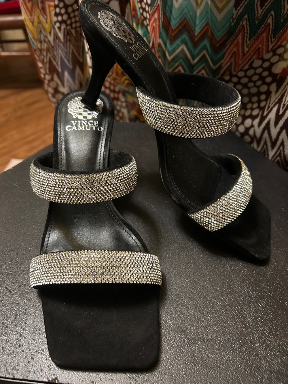 Vince Camuto Black Suede Leather Heels with Crystal-Studded Straps 9M